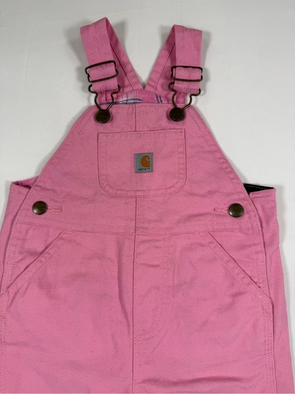 CARHARTT Girls Canvas Bib Overalls 9M Pink Plaid Lined Workwear Farmcore Western